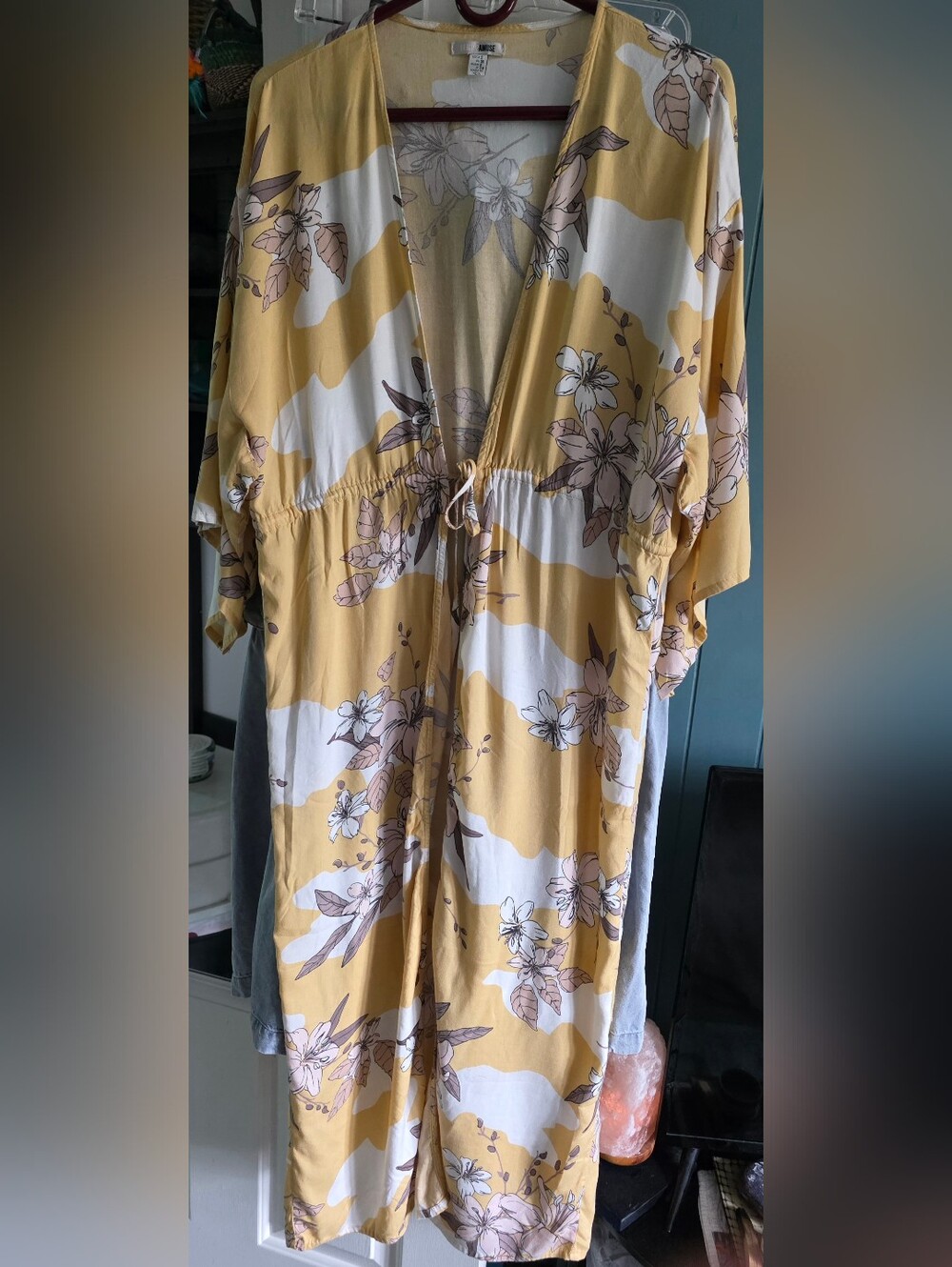 Amuse Society Yellow and White Floral Kimono with Pink Accents